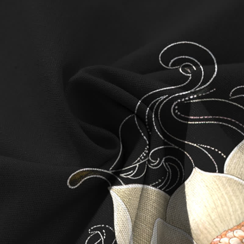 Buddha Stones コットンリネン ロータス・鯉・波模様 レディース ゴムウエスト ワイドレッグパンツ ポケット付き - image 4