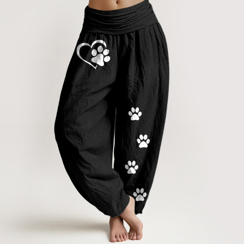 Buddha Stones ピュアコットン ハート肉球柄 レディース ゴムウエスト ハーレムパンツ - 黒 - US16、 UK/AU20、 EU48 (3XL) - image 0