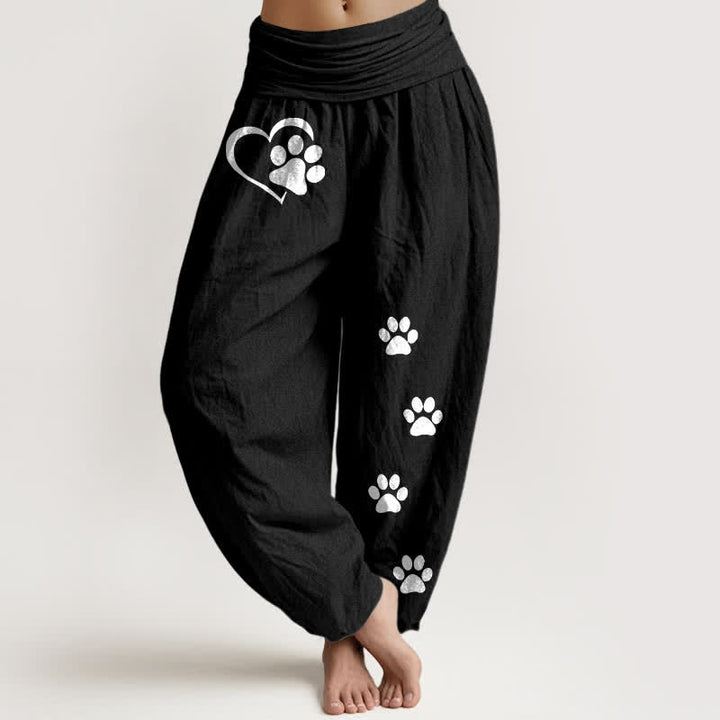 Buddha Stones ピュアコットン ハート肉球柄 レディース ゴムウエスト ハーレムパンツ - 黒 - US16、 UK/AU20、 EU48 (3XL) - image 0