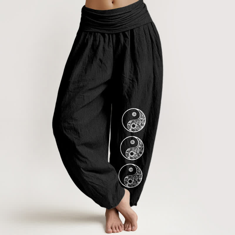 Buddha Stones 純綿素材の陰陽レディースゴムウエストハーレムパンツ - 黒 - US16、 UK/AU20、 EU48 (3XL) - image 5