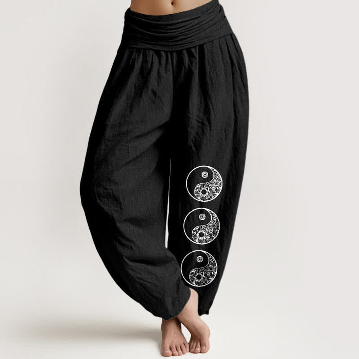 Buddha Stones 純綿素材の陰陽レディースゴムウエストハーレムパンツ - 黒 - US16、 UK/AU20、 EU48 (3XL) - image 5