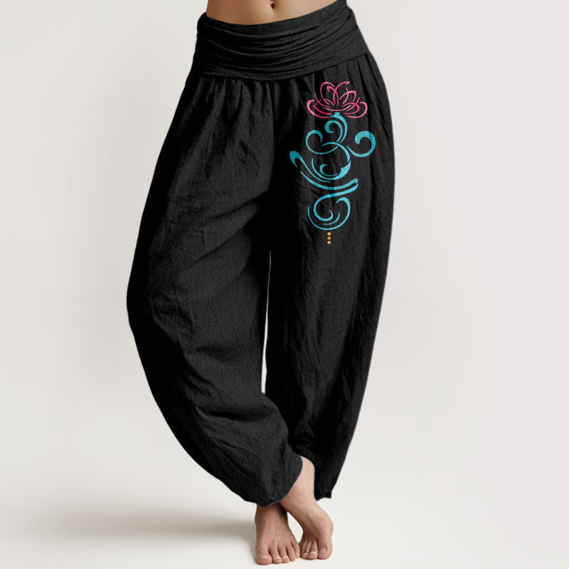 Buddha Stones 純綿ロータスバイン柄レディースゴムウエストハーレムパンツ - 黒 - US16、 UK/AU20、 EU48 (3XL) - image 0