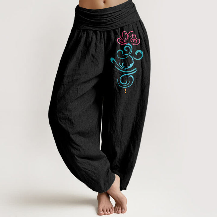 Buddha Stones 純綿ロータスバイン柄レディースゴムウエストハーレムパンツ - 黒 - US16、 UK/AU20、 EU48 (3XL) - image 0