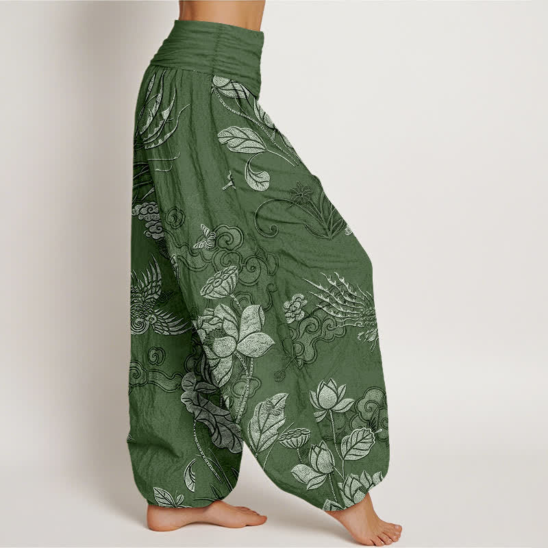 Buddha Stones コットン素材の蓮の花柄レディースゴムウエストハーレムパンツ - image 2