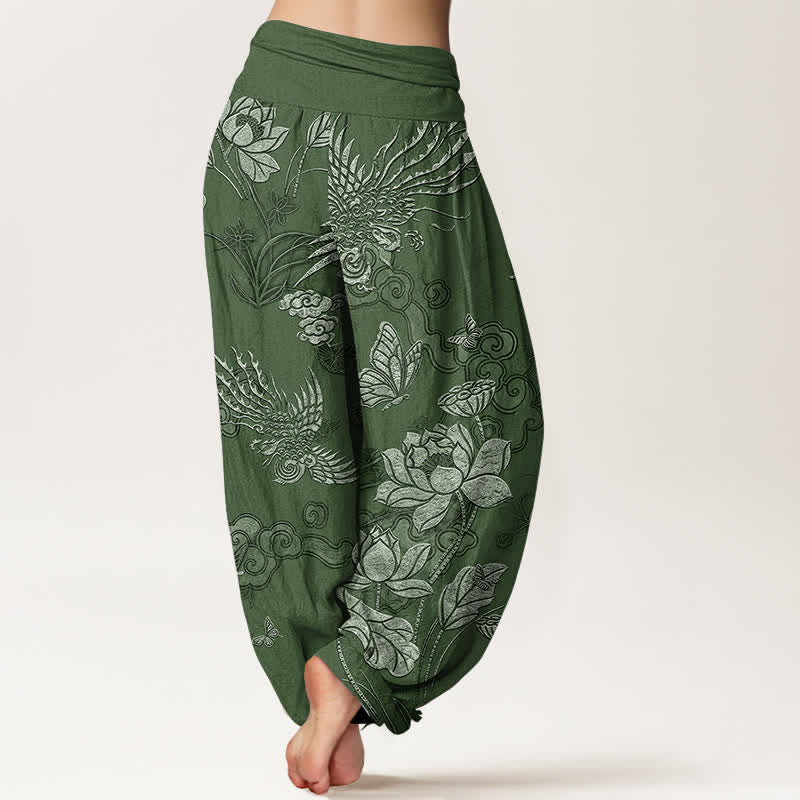 Buddha Stones コットン素材の蓮の花柄レディースゴムウエストハーレムパンツ - image 1