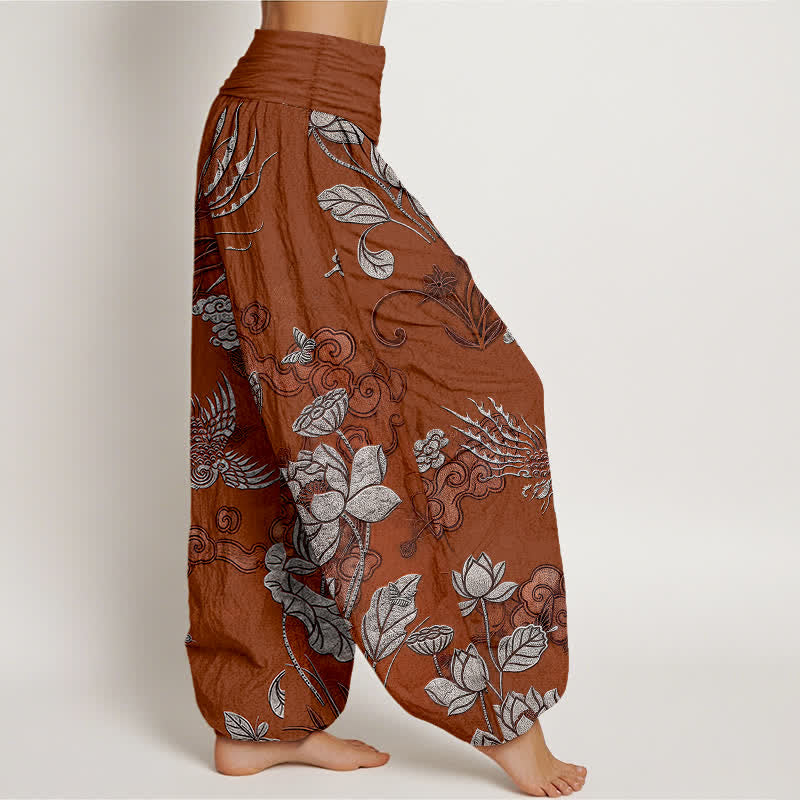 Buddha Stones コットン素材の蓮の花柄レディースゴムウエストハーレムパンツ - image 10