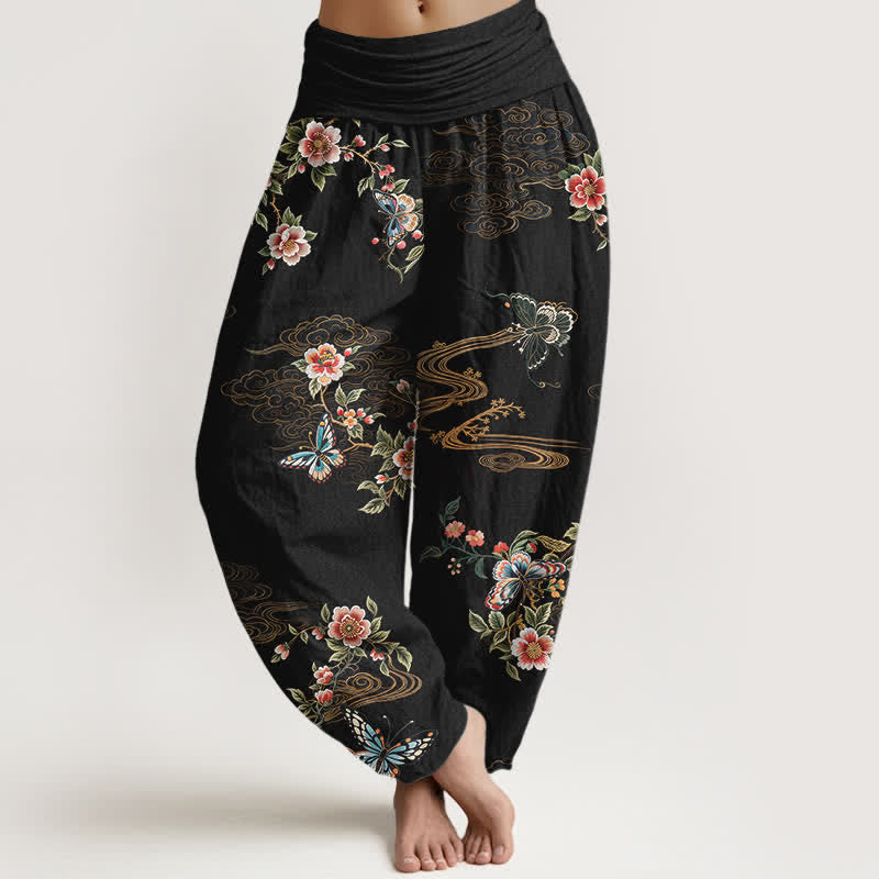 Buddha Stones 純綿花柄蝶柄 レディース ゴムウエスト ハーレムパンツ - 黒 - US16、 UK/AU20、 EU48 (3XL) - image 0