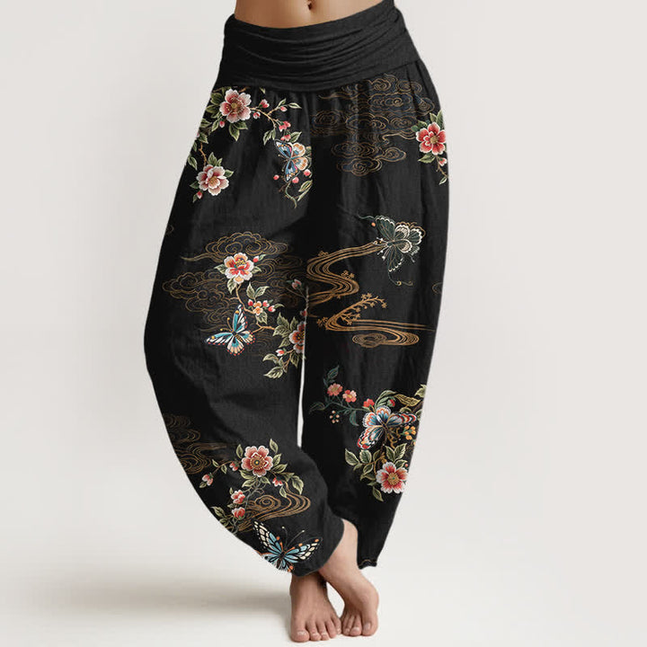 Buddha Stones 純綿花柄蝶柄 レディース ゴムウエスト ハーレムパンツ - 黒 - US16、 UK/AU20、 EU48 (3XL) - image 0