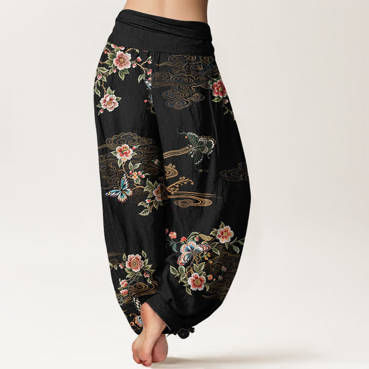 Buddha Stones 純綿花柄蝶柄 レディース ゴムウエスト ハーレムパンツ - image 1