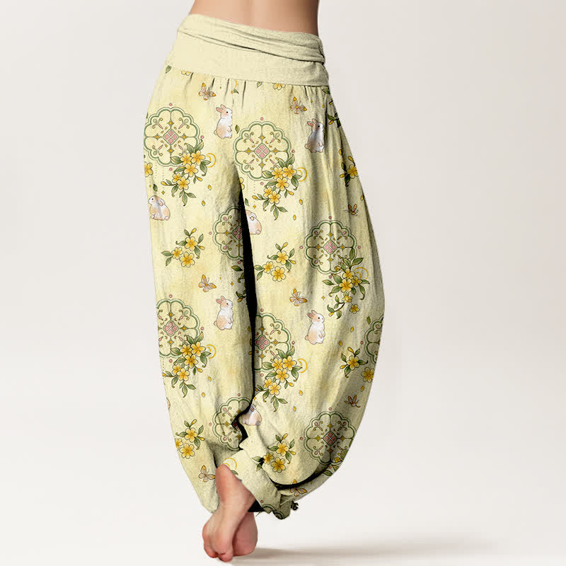 Buddha Stones ピュアコットン花柄うさぎ模様レディースゴムウエストハーレムパンツ - image 1