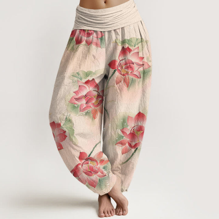 Buddha Stones コットン素材の蓮の花柄レディースゴムウエストハーレムパンツ - リネン - US16、 UK/AU20、 EU48 (3XL) - image 0