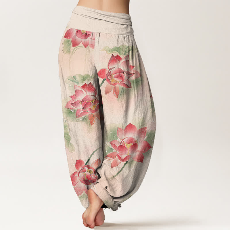 Buddha Stones コットン素材の蓮の花柄レディースゴムウエストハーレムパンツ - image 1