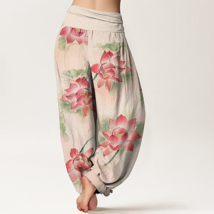 Buddha Stones コットン素材の蓮の花柄レディースゴムウエストハーレムパンツ - image 1
