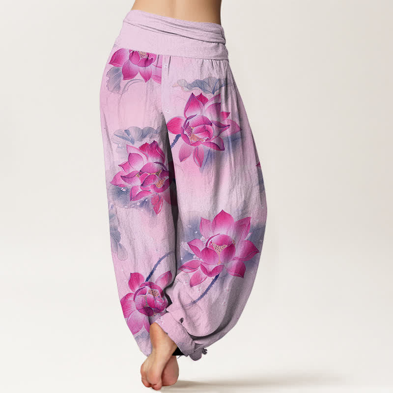 Buddha Stones コットン素材の蓮の花柄レディースゴムウエストハーレムパンツ - image 6