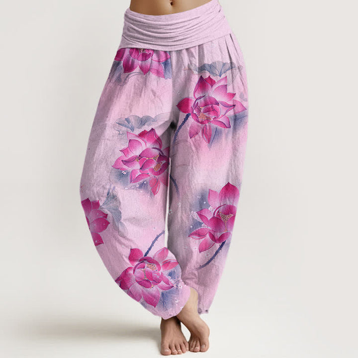 Buddha Stones コットン素材の蓮の花柄レディースゴムウエストハーレムパンツ - 梅 - US16、 UK/AU20、 EU48 (3XL) - image 5