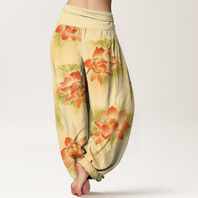 Buddha Stones コットン素材の蓮の花柄レディースゴムウエストハーレムパンツ - image 9