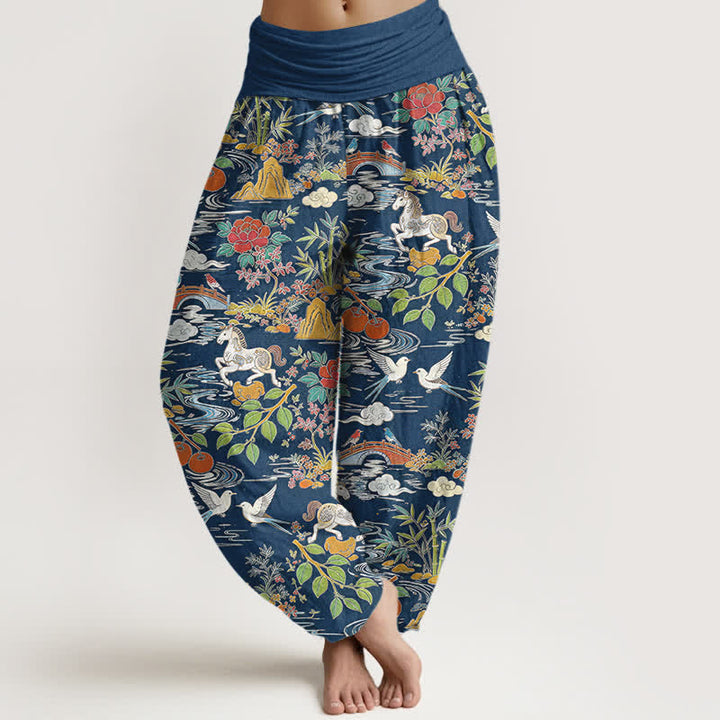 Buddha Stones コットンホースバード風景花柄レディースゴムウエストハーレムパンツ - 海軍 - US16、 UK/AU20、 EU48 (3XL) - image 0