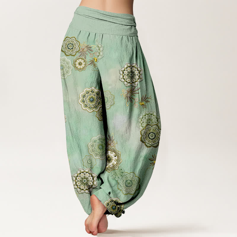 Buddha Stones 純綿マンダラ花柄葉模様 レディース ゴムウエスト ハーレムパンツ - image 1