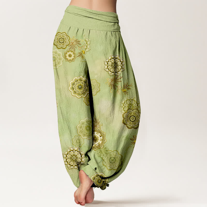 Buddha Stones 純綿マンダラ花柄葉模様 レディース ゴムウエスト ハーレムパンツ - image 6