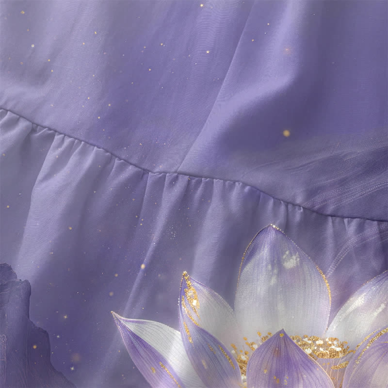 Buddha Stones 夏用カジュアル 蓮の花と仏陀のゴールドアクセント柄 レディース 夏用ノースリーブミディドレス ポケット付き - image 1