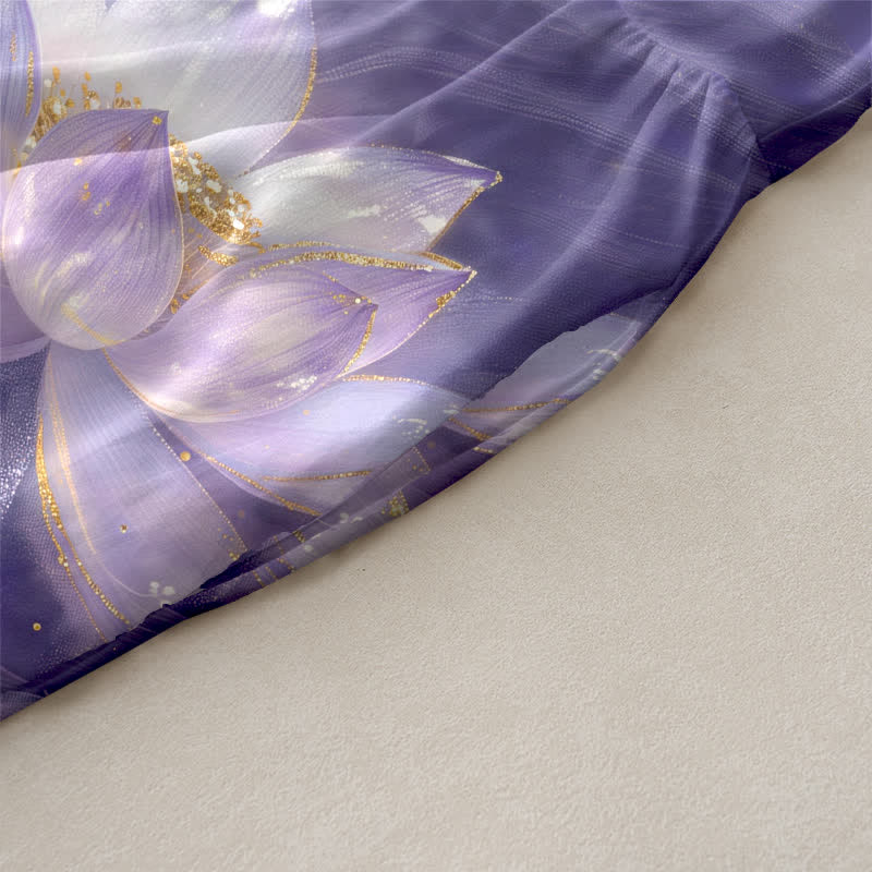 Buddha Stones 夏用カジュアル 蓮の花と仏陀のゴールドアクセント柄 レディース 夏用ノースリーブミディドレス ポケット付き - image 2