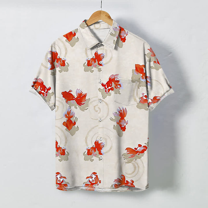Buddha Stones 赤い鯉の波模様のボタンが付いた、しわになりにくいメンズ半袖シャツ - リネン - US/UK/AU48、 EU58 (4XL) - image 6