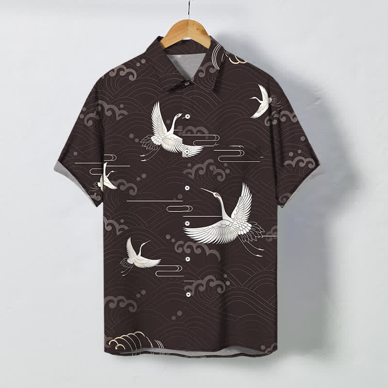 Buddha Stones 鶴雲波模様ボタン付き通気性メンズ半袖シャツ - サドルブラウン - US/UK/AU48、 EU58 (4XL) - image 0