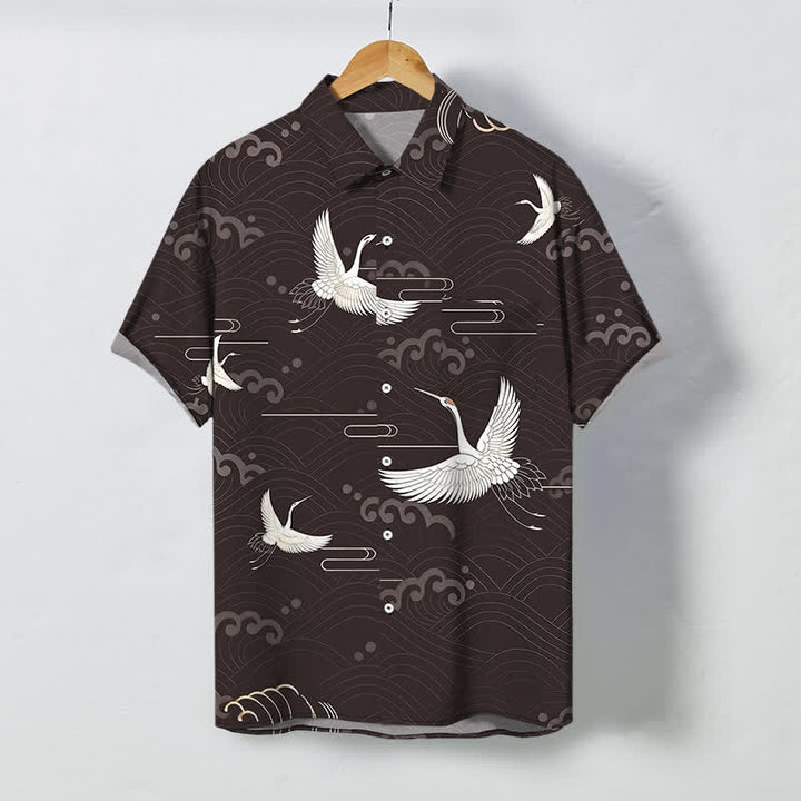Buddha Stones 鶴雲波模様ボタン付き通気性メンズ半袖シャツ - サドルブラウン - US/UK/AU48、 EU58 (4XL) - image 0