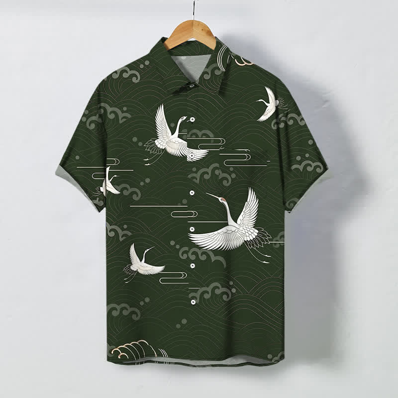 Buddha Stones 鶴雲波模様ボタン付き通気性メンズ半袖シャツ - ダークグリーン - US/UK/AU48、 EU58 (4XL) - image 5