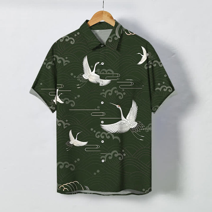 Buddha Stones 鶴雲波模様ボタン付き通気性メンズ半袖シャツ - ダークグリーン - US/UK/AU48、 EU58 (4XL) - image 5