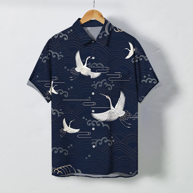 Buddha Stones 鶴雲波模様ボタン付き通気性メンズ半袖シャツ - 海軍 - US/UK/AU48、 EU58 (4XL) - image 10