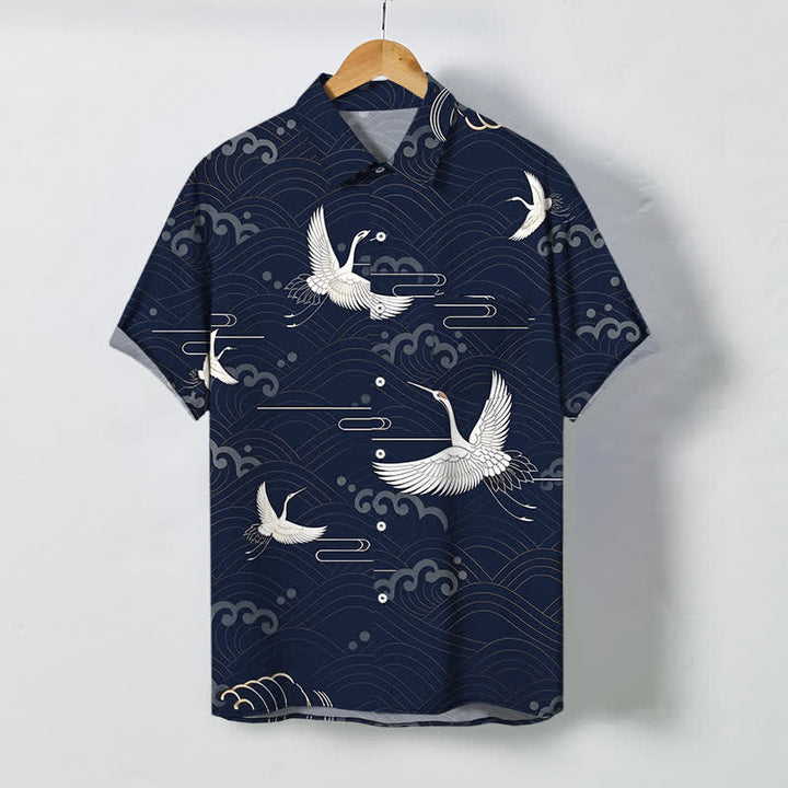 Buddha Stones 鶴雲波模様ボタン付き通気性メンズ半袖シャツ - 海軍 - US/UK/AU48、 EU58 (4XL) - image 10