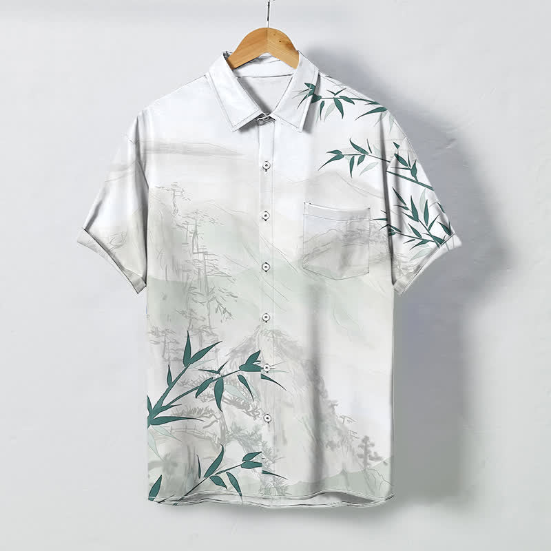 Buddha Stones 墨絵風風景竹柄ボタン付き通気性メンズ半袖シャツ - 白 - US/UK/AU48、 EU58 (4XL) - image 0