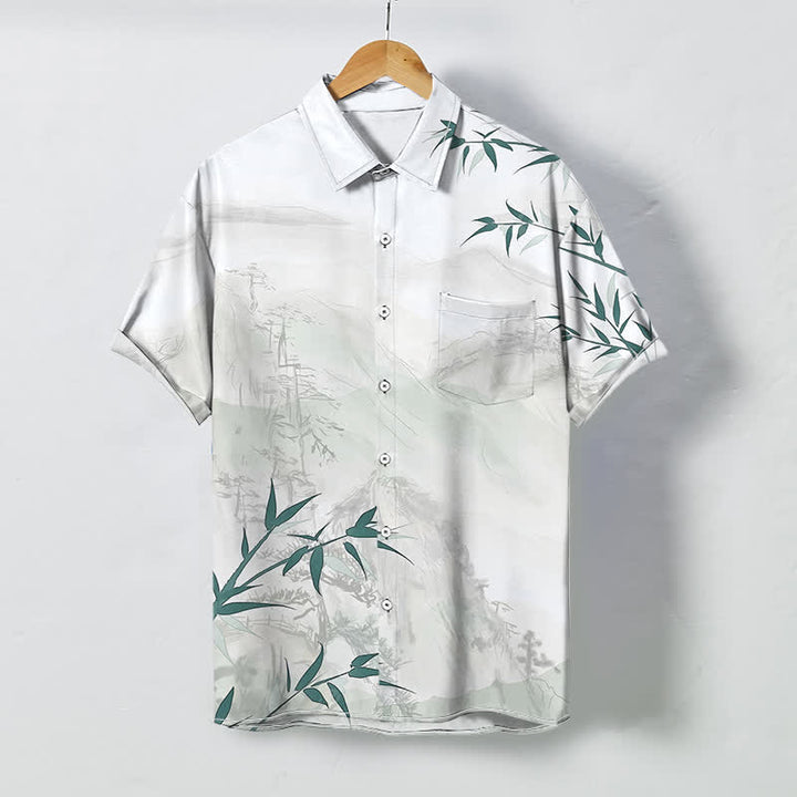 Buddha Stones 墨絵風風景竹柄ボタン付き通気性メンズ半袖シャツ - 白 - US/UK/AU48、 EU58 (4XL) - image 0