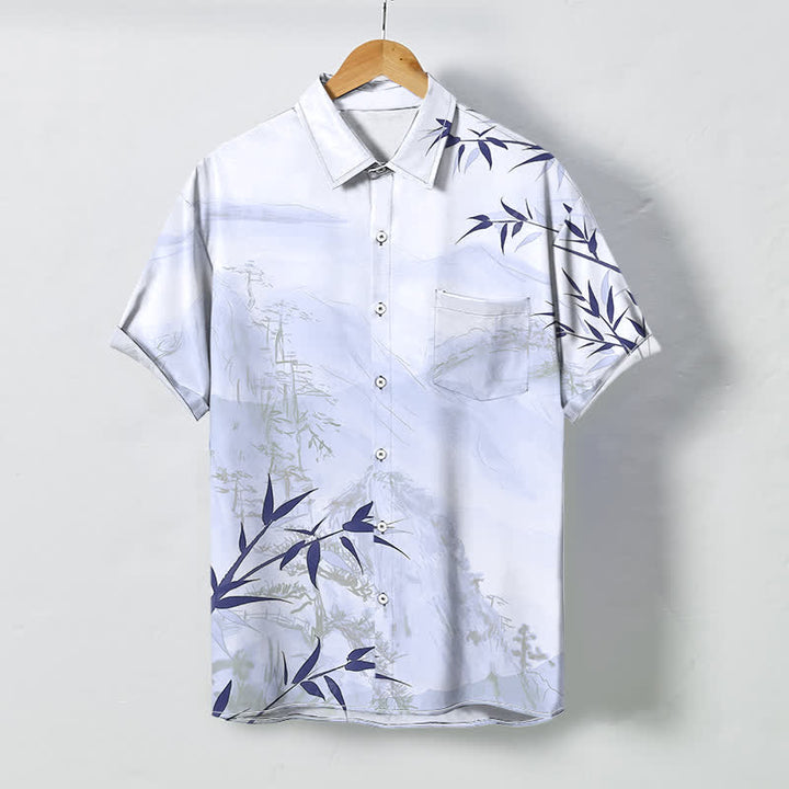 Buddha Stones 墨絵風風景竹柄ボタン付き通気性メンズ半袖シャツ - ラベンダー - US/UK/AU48、 EU58 (4XL) - image 3