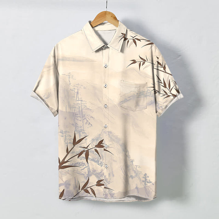 Buddha Stones 墨絵風風景竹柄ボタン付き通気性メンズ半袖シャツ - リネン - US/UK/AU48、 EU58 (4XL) - image 6