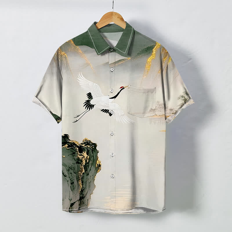 Buddha Stones 墨鶴山柄ボタン付きしわになりにくいメンズ半袖シャツ - ダークシーグリーン - US/UK/AU48、 EU58 (4XL) - image 3