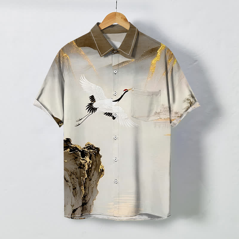 Buddha Stones 墨鶴山柄ボタン付きしわになりにくいメンズ半袖シャツ - シエナ - US/UK/AU48、 EU58 (4XL) - image 6