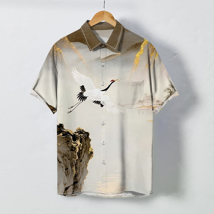 Buddha Stones 墨鶴山柄ボタン付きしわになりにくいメンズ半袖シャツ - シエナ - US/UK/AU48、 EU58 (4XL) - image 6
