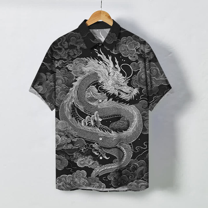 Buddha Stones 金龍雲模様ボタン付きしわになりにくいメンズ半袖シャツ - 黒 - US/UK/AU48、 EU58 (4XL) - image 5