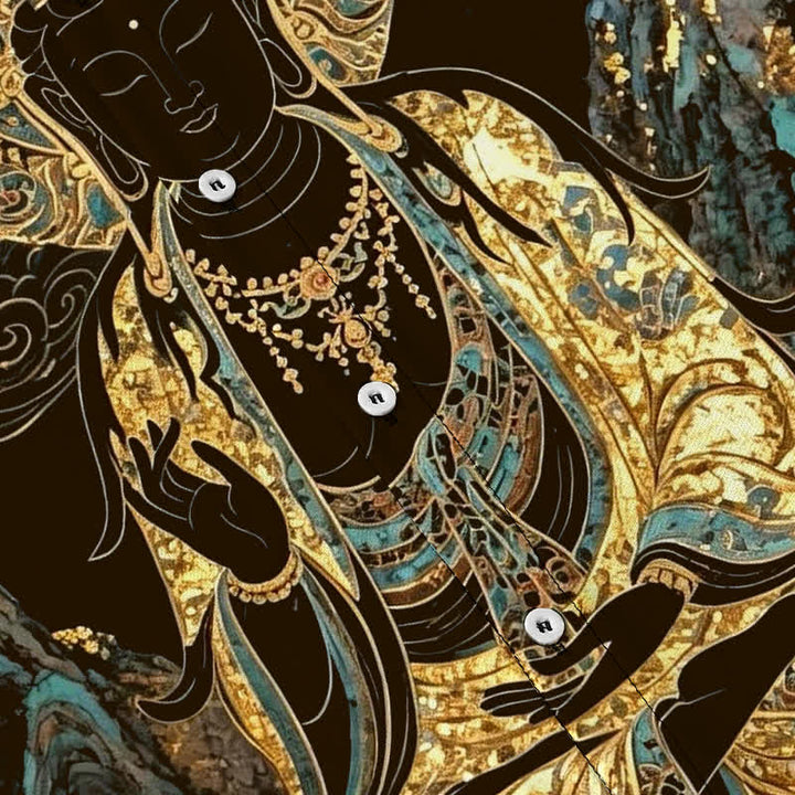 Buddha Stones 金色の仏陀雲模様ボタン付き、しわになりにくいメンズ半袖シャツ - image 3