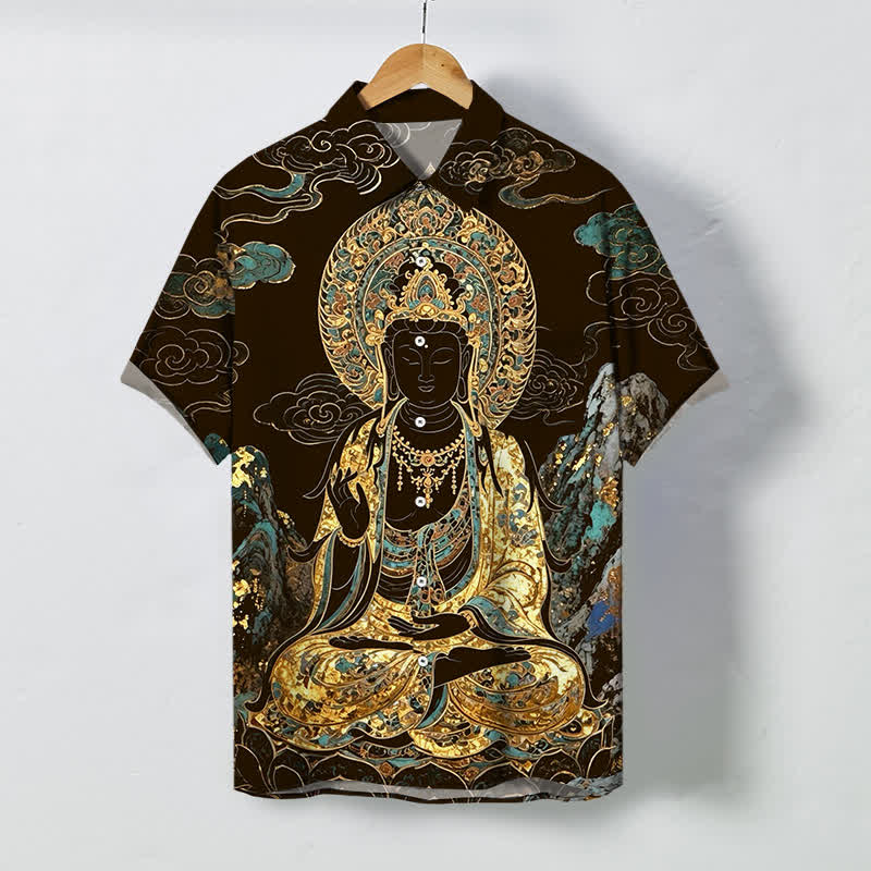 Buddha Stones 金色の仏陀雲模様ボタン付き、しわになりにくいメンズ半袖シャツ - サドルブラウン - US/UK/AU48、 EU58 (4XL) - image 0