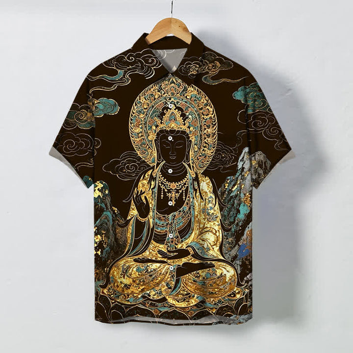 Buddha Stones 金色の仏陀雲模様ボタン付き、しわになりにくいメンズ半袖シャツ - サドルブラウン - US/UK/AU48、 EU58 (4XL) - image 0