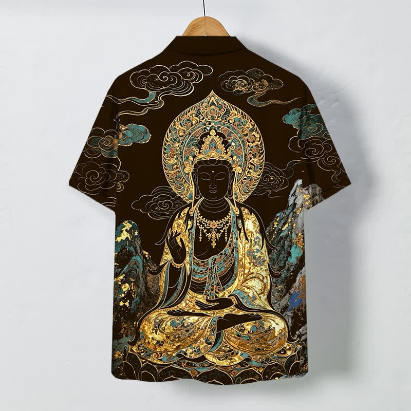 Buddha Stones 金色の仏陀雲模様ボタン付き、しわになりにくいメンズ半袖シャツ - image 1