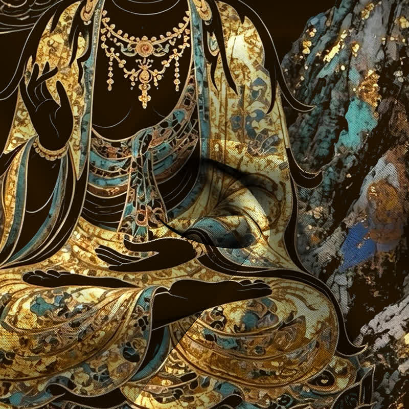 Buddha Stones 金色の仏陀雲模様ボタン付き、しわになりにくいメンズ半袖シャツ - image 4