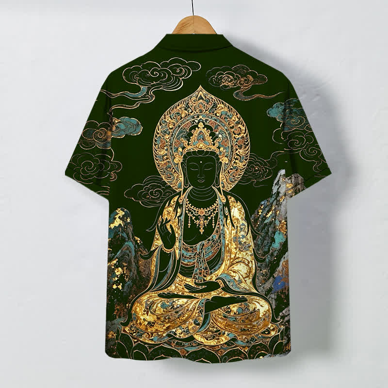 Buddha Stones 金色の仏陀雲模様ボタン付き、しわになりにくいメンズ半袖シャツ - image 6