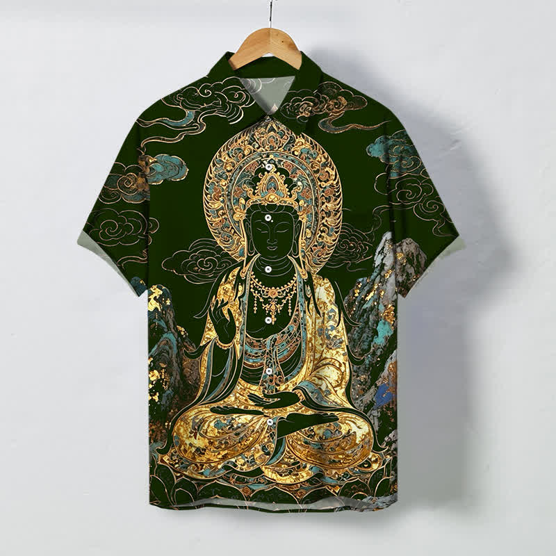Buddha Stones 金色の仏陀雲模様ボタン付き、しわになりにくいメンズ半袖シャツ - ダークグリーン - US/UK/AU48、 EU58 (4XL) - image 5