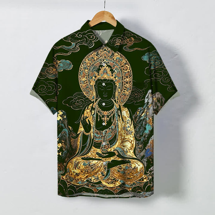Buddha Stones 金色の仏陀雲模様ボタン付き、しわになりにくいメンズ半袖シャツ - ダークグリーン - US/UK/AU48、 EU58 (4XL) - image 5
