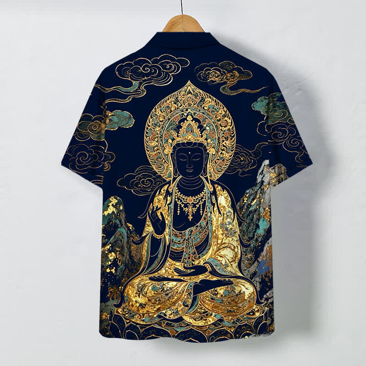 Buddha Stones 金色の仏陀雲模様ボタン付き、しわになりにくいメンズ半袖シャツ - image 11
