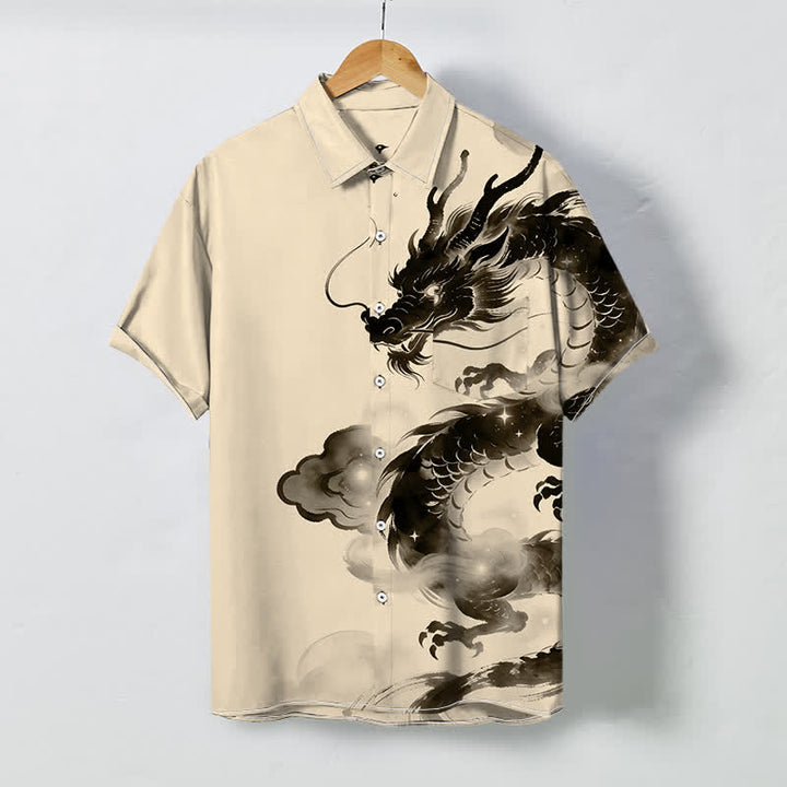 Buddha Stones 墨龍雲模様ボタン付きしわになりにくいメンズ半袖シャツ - リネン - US/UK/AU48、 EU58 (4XL) - image 3
